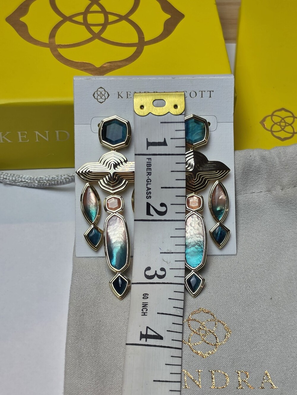 Kendra Scott Monica Statement Earrings Gold Teal Mix Geometric Chandelier NEW - Picture 7 of 8